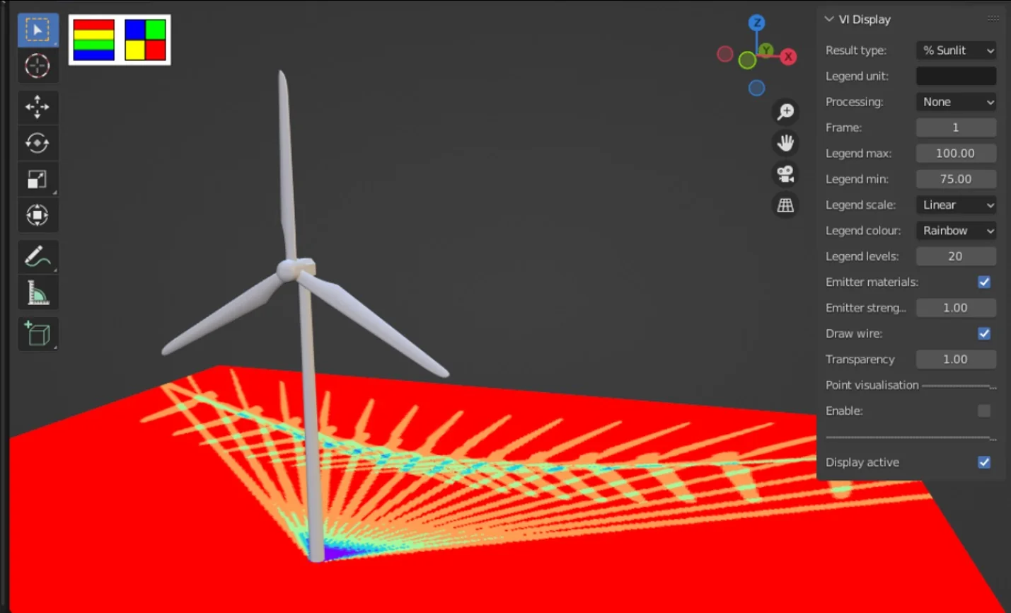 Digital shadow analysis model of a wind turbine and solar installation